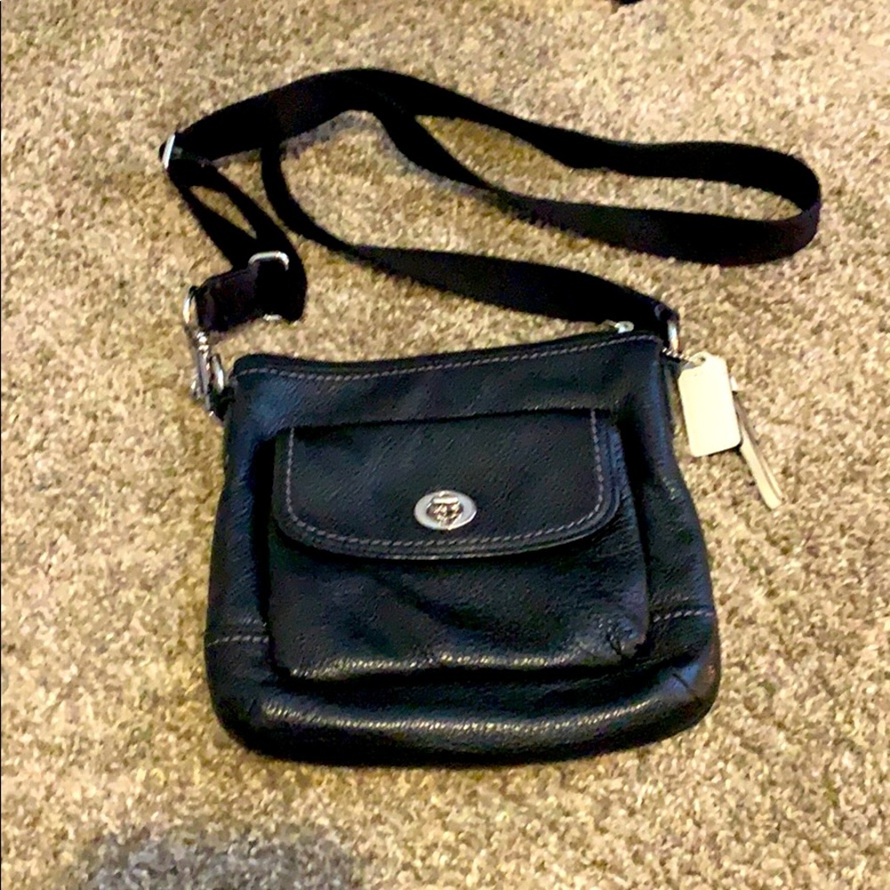 COACH black cross-body purse with silver accents